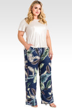 Plus Size Rada Washed Satin Drawstring Wide-Leg Pants -Tropical Leaf Print