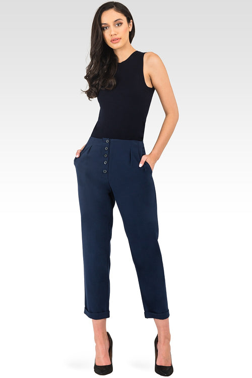 Standards & Practices Curvy fit Francine Midnight Blue Hollywood Waist Cropped Button-Up Carrot Trouser Pants