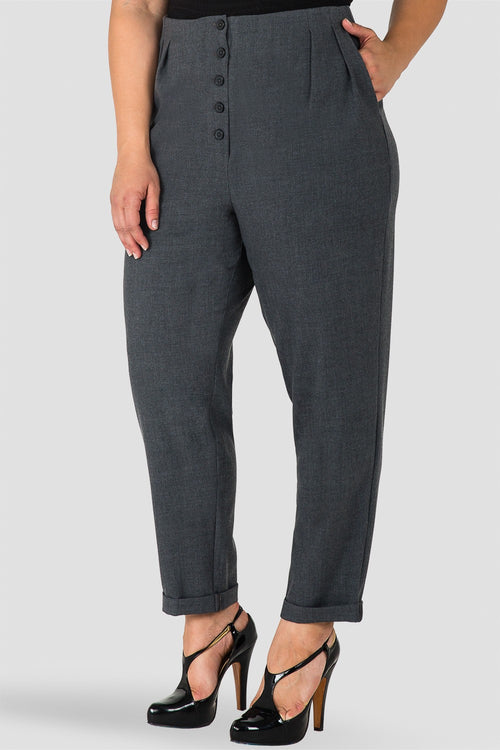 "Plus Size Standards & Practices Francine Charcoal Gray Hollywood Waist Cropped Button-Up Carrot Trouser Pants  "