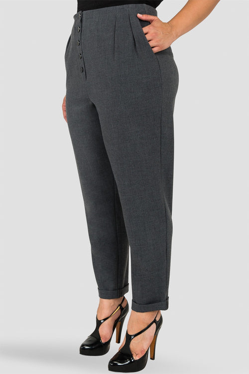 "Plus Size Standards & Practices Francine Charcoal Gray Hollywood Waist Cropped Button-Up Carrot Trouser Pants  "