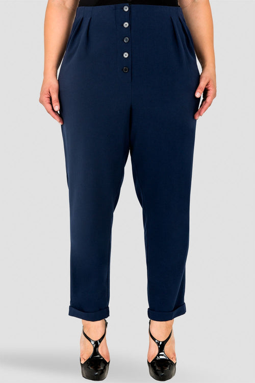 "Plus Size Standards & Practices Francine Midnight Blue Hollywood Waist Cropped Button-Up Carrot Trouser Pants  "