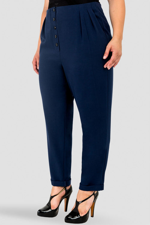 "Plus Size Standards & Practices Francine Midnight Blue Hollywood Waist Cropped Button-Up Carrot Trouser Pants  "