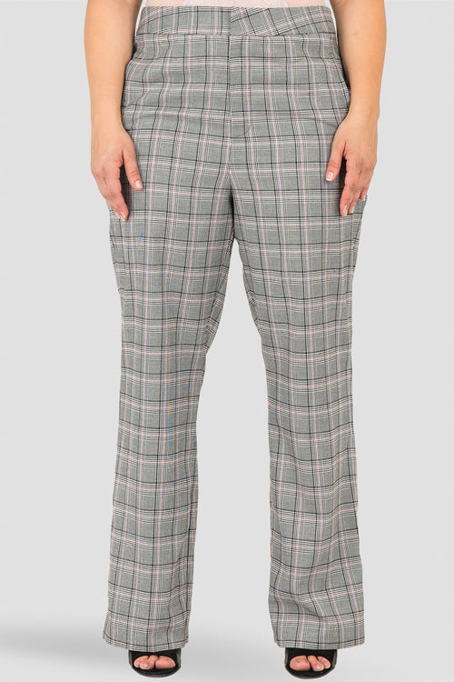 Plus Size Standards & Practices Women's Curvy Fit Pink and Black Plaid High Waisted Wide Leg Suit Pants