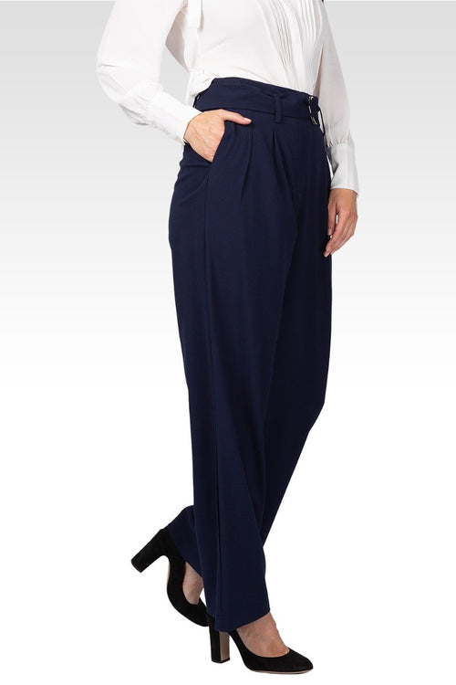 Franchesca D-Ring Belt Straight Leg Paper Bag Waist Pants - Midnight Blue