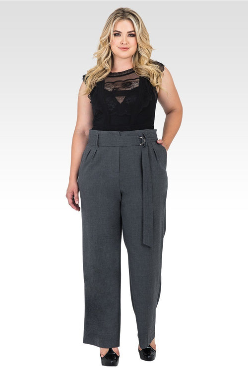 Plus Size Franchesca D-Ring Belt Straight Leg Paper Bag Waist Pants - Charcoal Gray