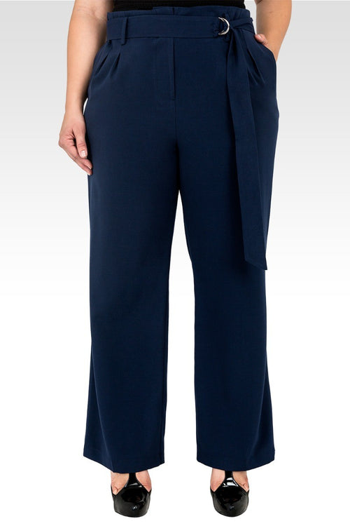 Plus Size Franchesca D-Ring Belt Straight Leg Paper Bag Waist Pants - Midnight Blue