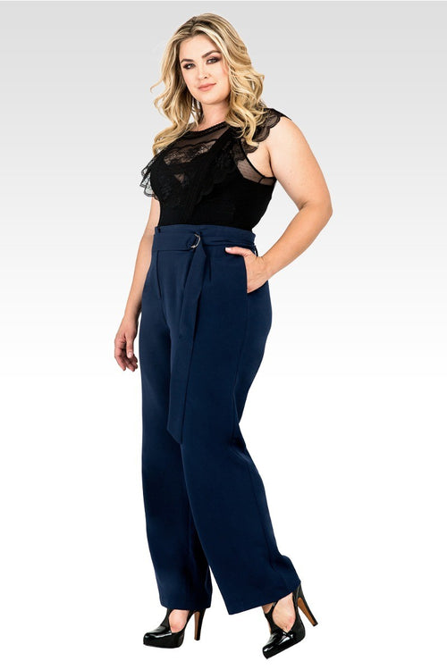 Plus Size Franchesca D-Ring Belt Straight Leg Paper Bag Waist Pants - Midnight Blue