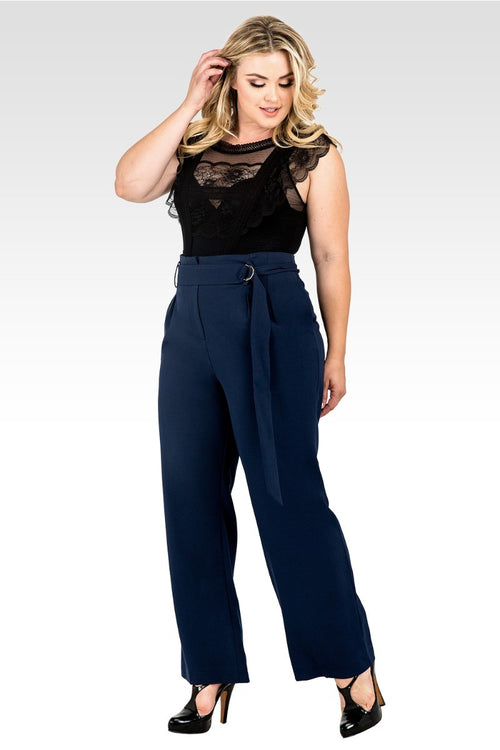 Plus Size Franchesca D-Ring Belt Straight Leg Paper Bag Waist Pants - Midnight Blue