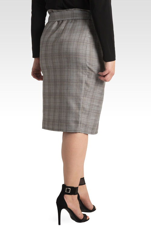Plus Size Glen Plaid Suiting Button Front Paper bag Waist Belted Skirt