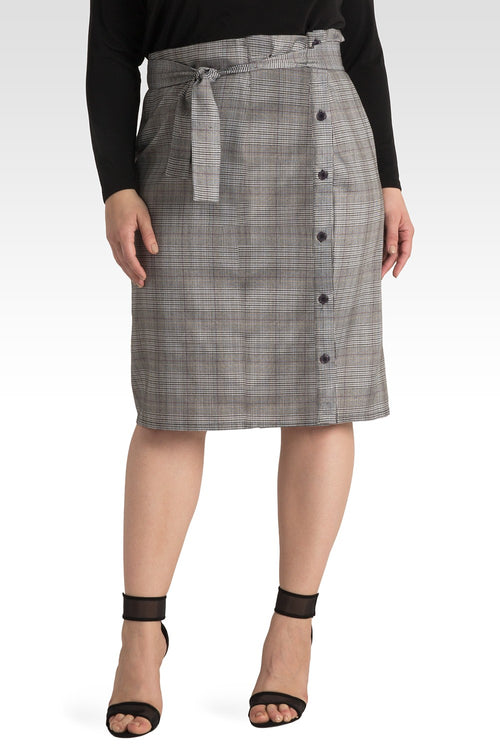 Plus Size Glen Plaid Suiting Button Front Paper bag Waist Belted Skirt