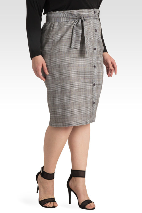 Plus Size Glen Plaid Suiting Button Front Paper bag Waist Belted Skirt