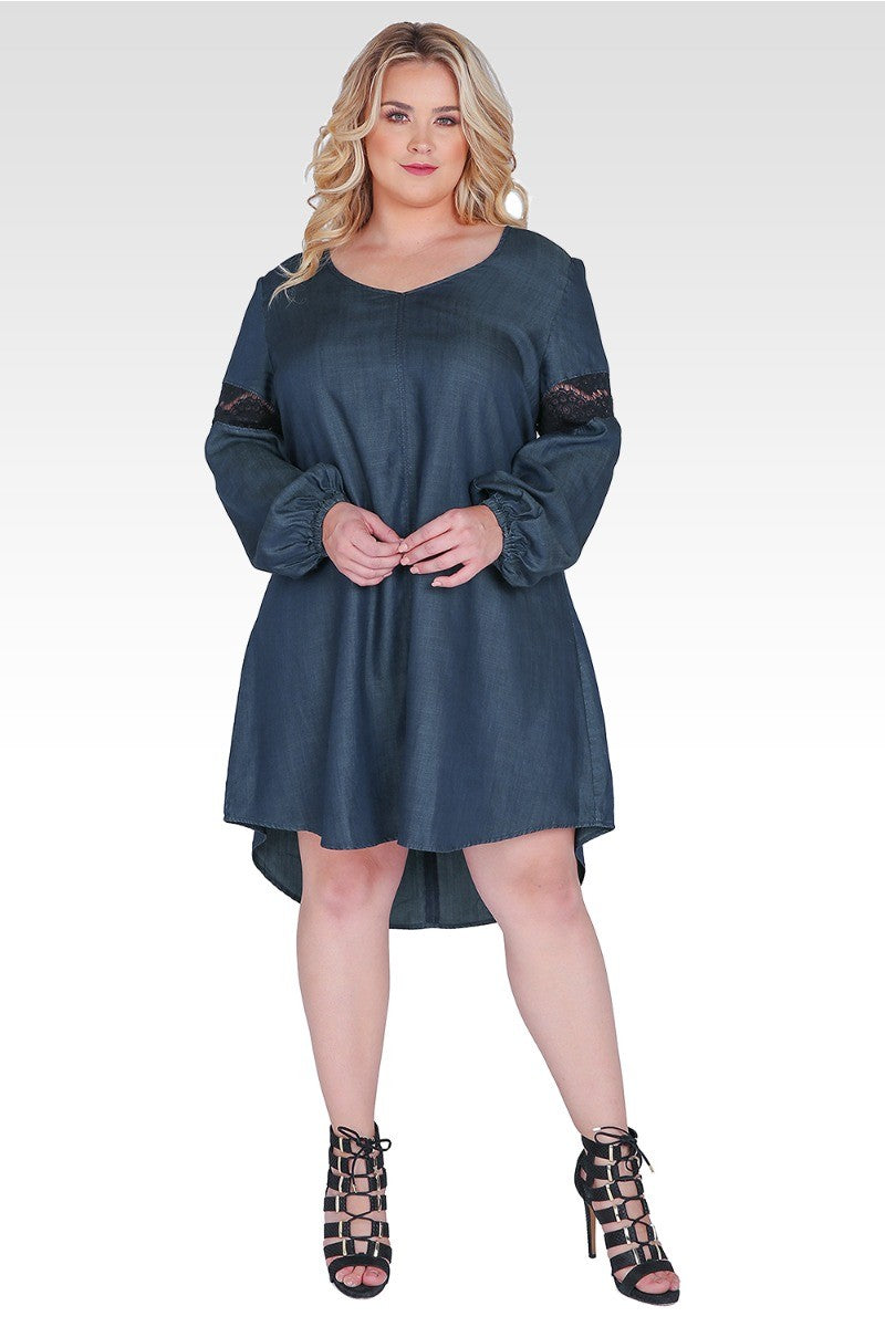 Standards & Practices Plus Size Women's V-Neck Long-Sleeved Tencel Denim Dress - Shelby