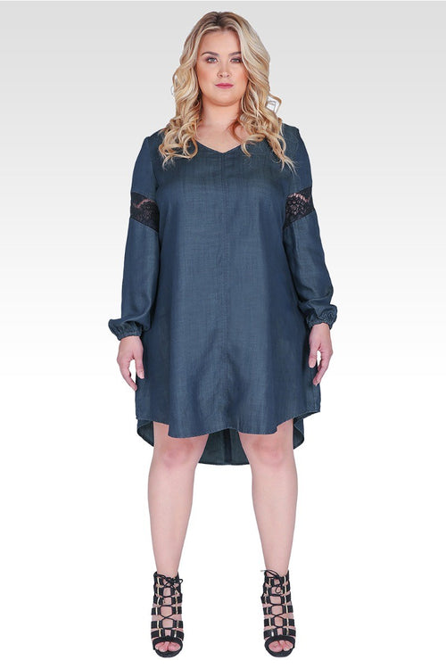 Plus Size Shelby V-Neck Long-Sleeved Tencel Denim Dress
