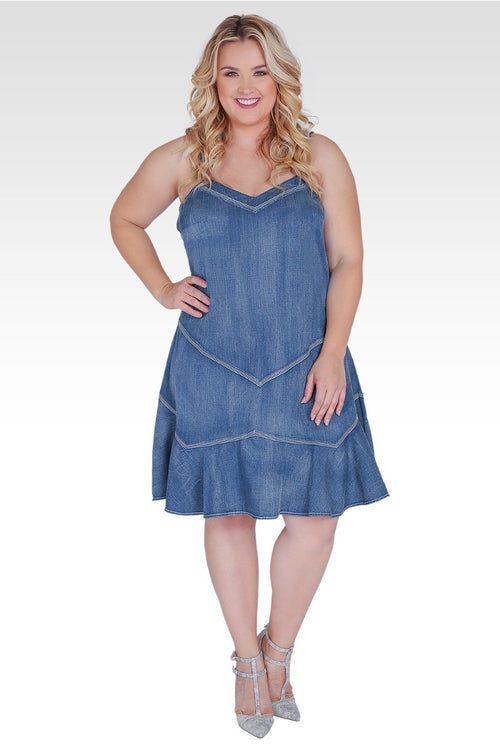 Plus Size Rosie Ruffled Spaghetti Strap Tencel Denim Dress