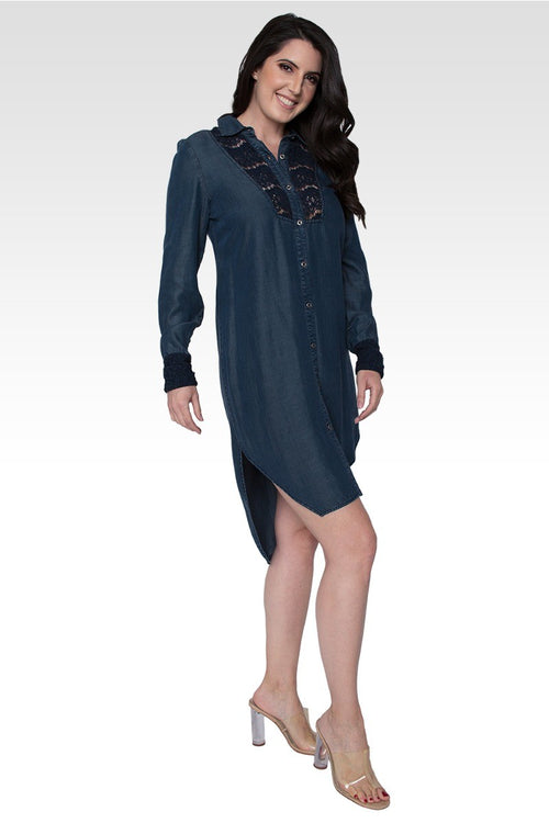 Felicity Long-Sleeved Collared Tencel Denim Shirt Dress With Lace Insets