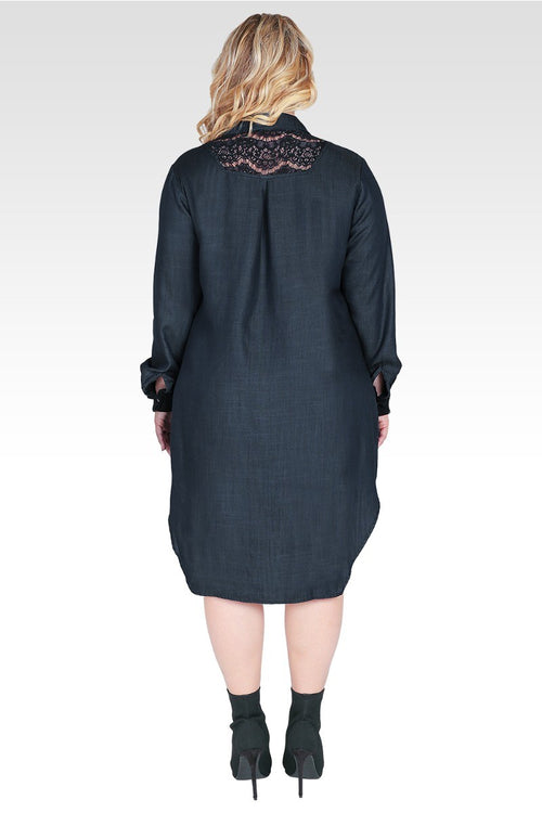 Plus Size Felicity Long-Sleeved Collared Tencel Denim Shirt Dress with Lace Insets