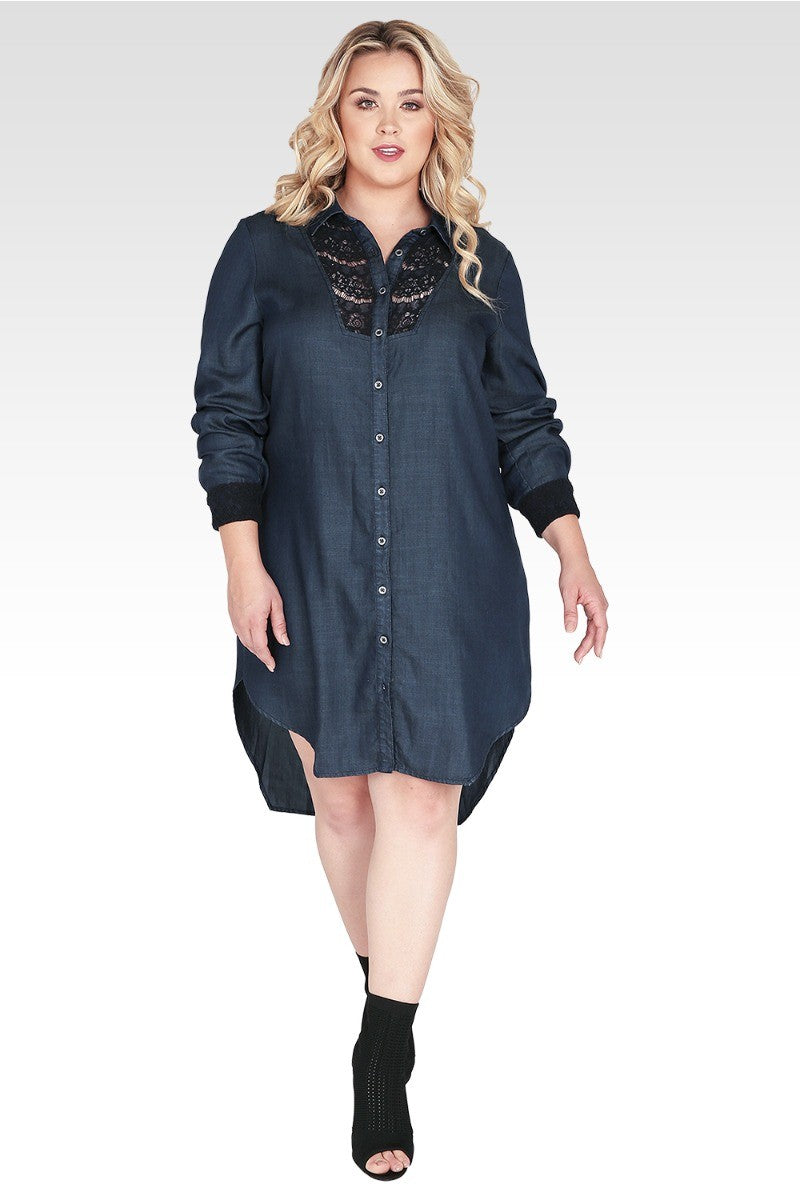Standards & Practices Plus Size Women's Long-Sleeved Collared Tencel Denim  Shirt Dress with Lace Insets- Felicity