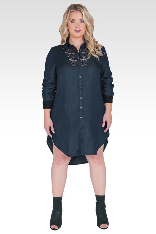 Plus Size Felicity Long-Sleeved Collared Tencel Denim Shirt Dress with Lace Insets