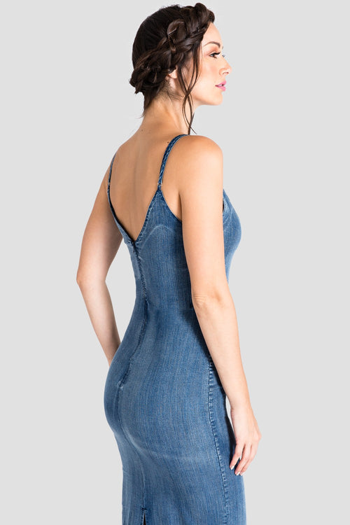 V-Neck & V-Back Spaghetti Strap Long Blue Jean Dress