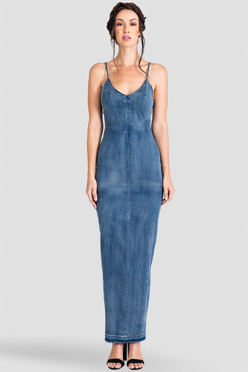 Women's Blue Denim V-Neck & V-Back Thin Strap Maxi Dress