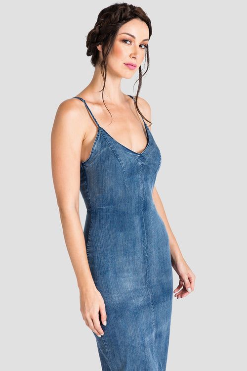 Standards & Practices Women's V-Neck Spaghetti Strap Denim Maxi Dress