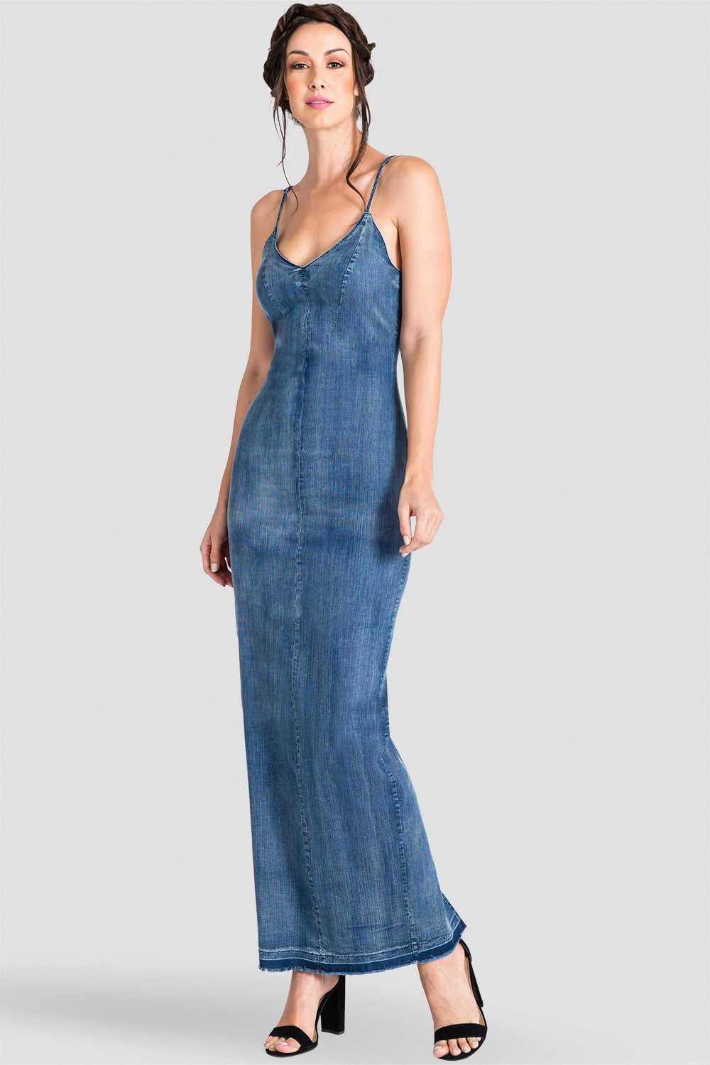 Standards & Practices Women's V-Neck and V-Back Spaghetti Strap Maxi Dress, Indigo Tencel Denim - Percie