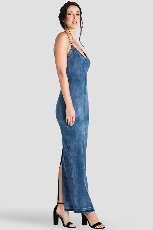 Women's Blue Denim V-Neck & V-Back Thin Strap Maxi