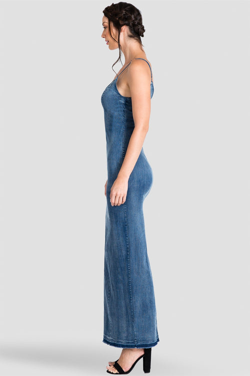 V-Neck & V-Back Spaghetti Strap Long Blue Jean Dress