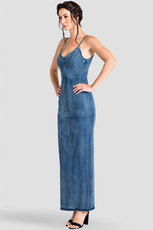 Women's Blue Denim V-Neck & V-Back Thin Strap Maxi Dress