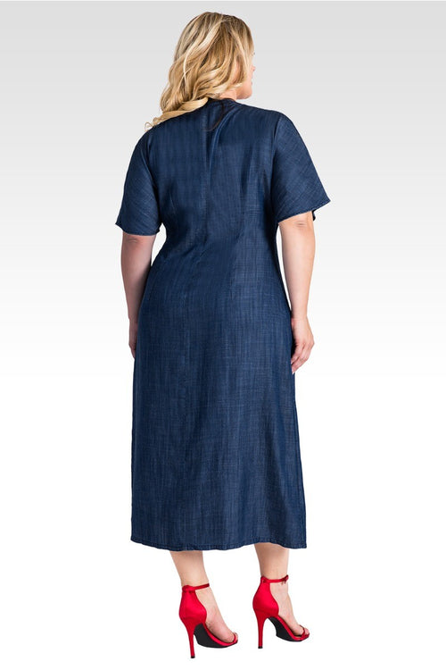 Plus Size Meme Lace-Up Tencel Denim Midi Dress