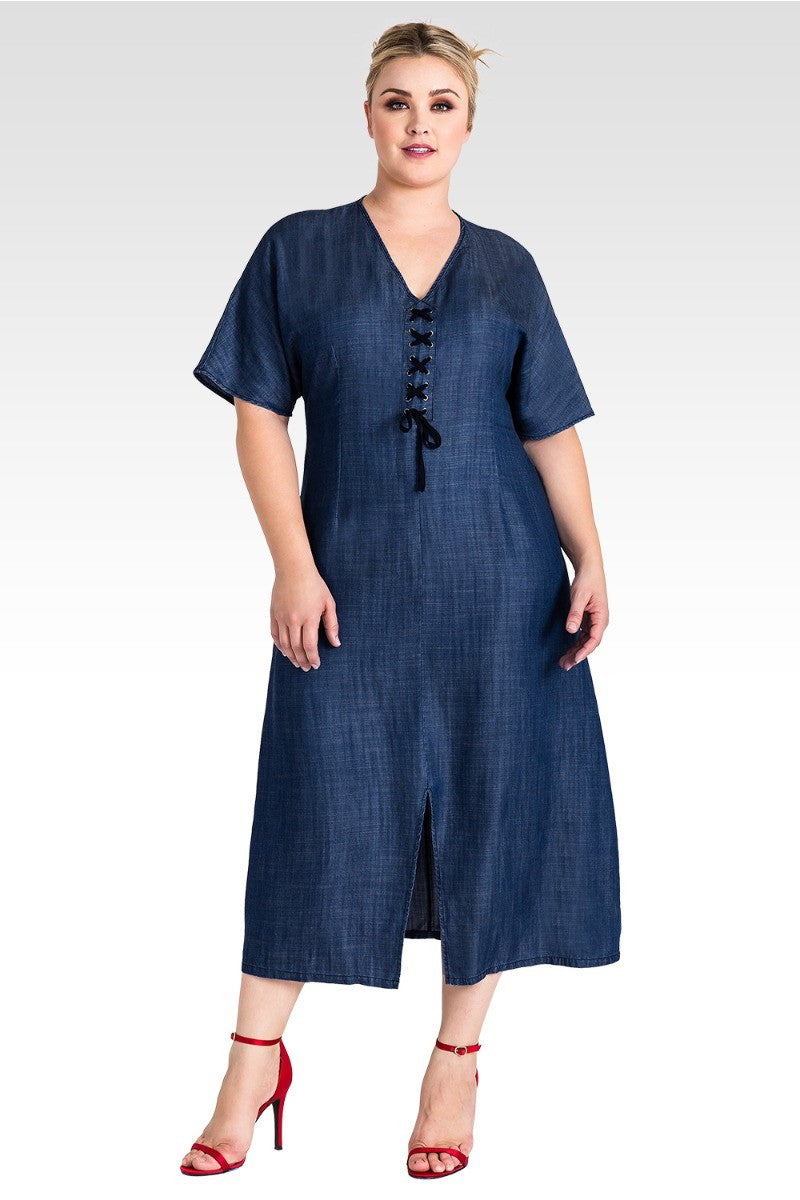 Standards & Practices Plus Size Lace-Up Front Split Tencel Denim Midi Dress