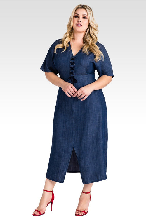 Plus Size Meme Lace-Up Tencel Denim Midi Dress