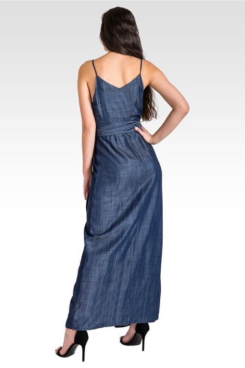Jodi Indigo Tencel Denim Spaghetti Strap Maxi Dress