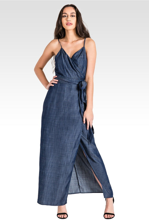 Indigo Tencel V-Cut Wrap Waist Tie Maxi Dress