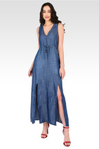 Drawstring Indigo Tenecel Denim V-Neck Double Split Sleeveless Maxi Dress