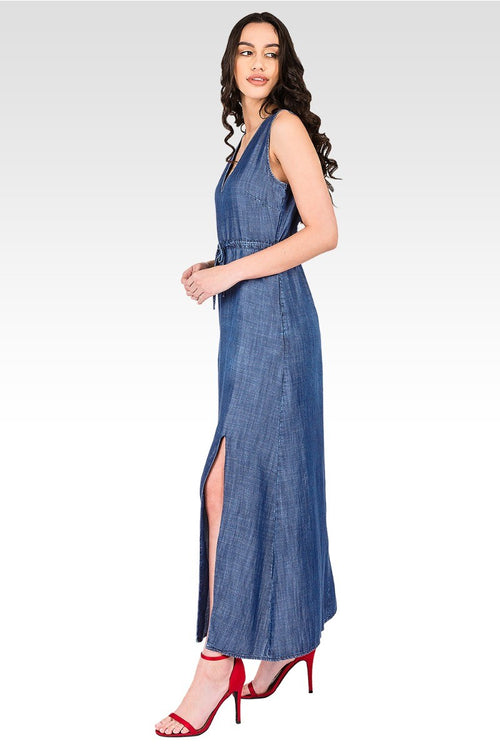 Amber Drawstring Waist Double Split Sleeveless Dress