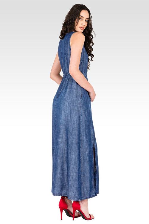 Amber Drawstring Waist Double Split Sleeveless Dress