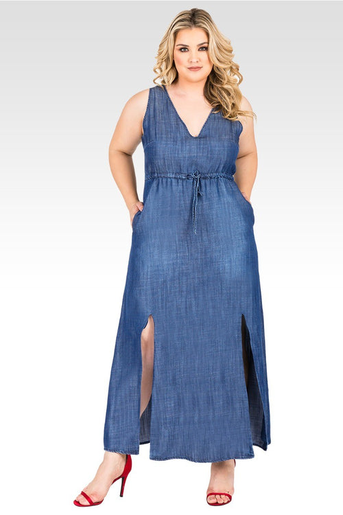 Plus Size Amber Drawstring Waist Double Split Sleeveless Dress