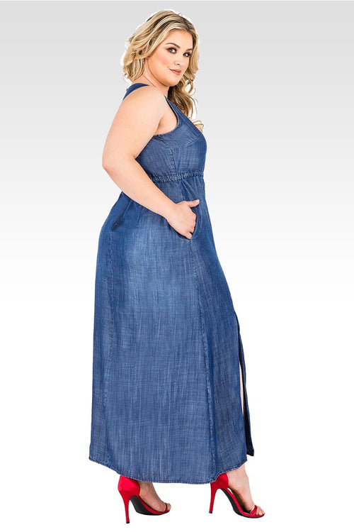 Plus Size Amber Drawstring Waist Double Split Sleeveless Dress