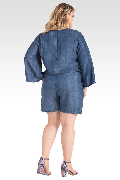Plus Size Barbie Bell Sleeve Lace-Up Romper - Tencel Denim