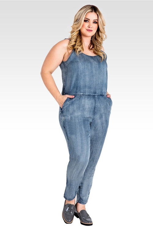 Precious Plus Size Tapered Leg Tencel Denim Jumpsuit