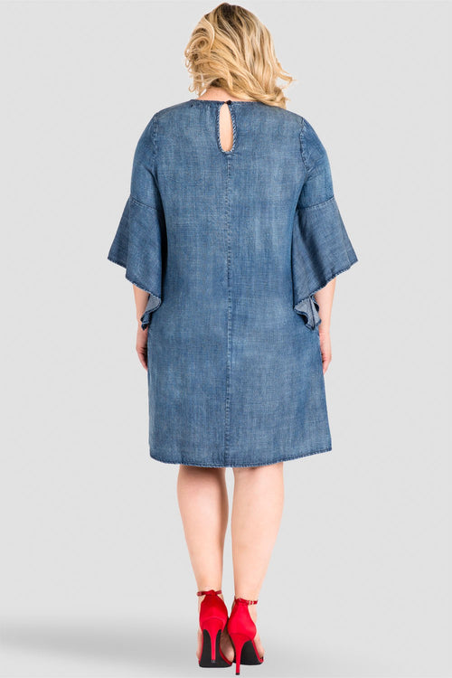 Plus Size Denim Flounce Bell Flare Sleeve Dress