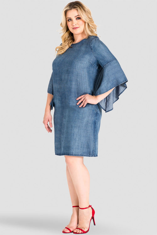 Plus Size Denim Flounce Bell Flare Sleeve Dress