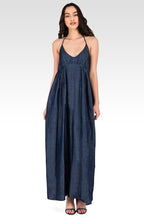 Women's Tencel Denim Halter Maxi Slip Dress with Pocket