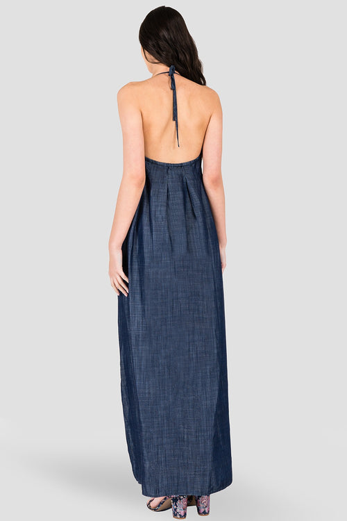 Women's Tencel Denim Halter Maxi Slip Dress with Pocket