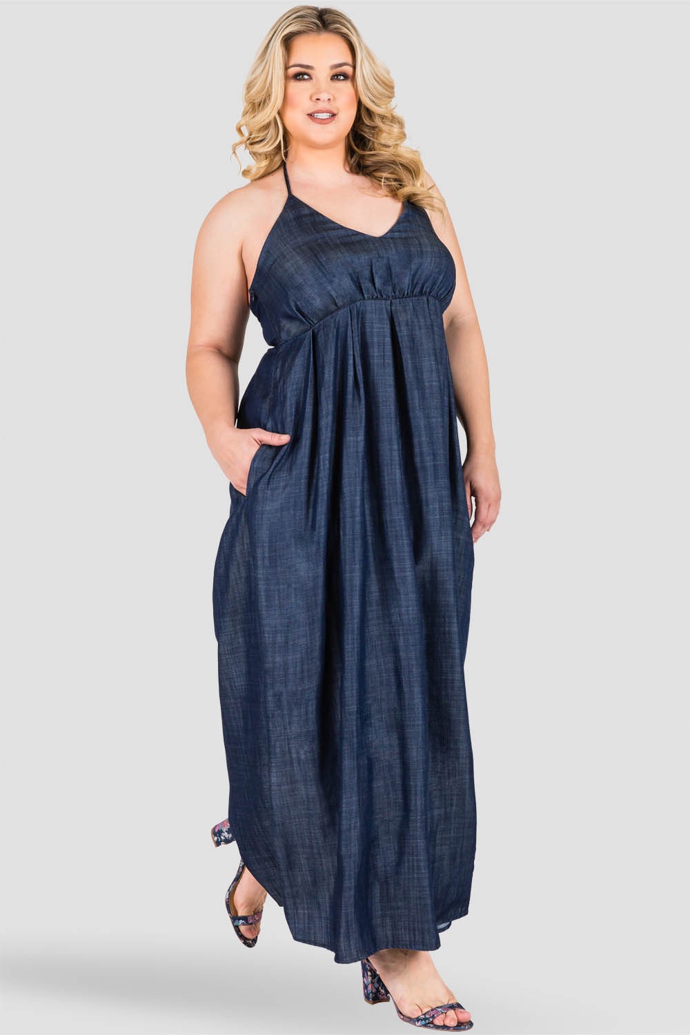 Standards & Practices Plus Size Tencel Denim Halter Neck Maxi Slip Dress - Dark Blue