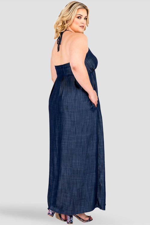 Plus Size Women's Tencel Denim Halter Maxi Slip Dress with Pocket