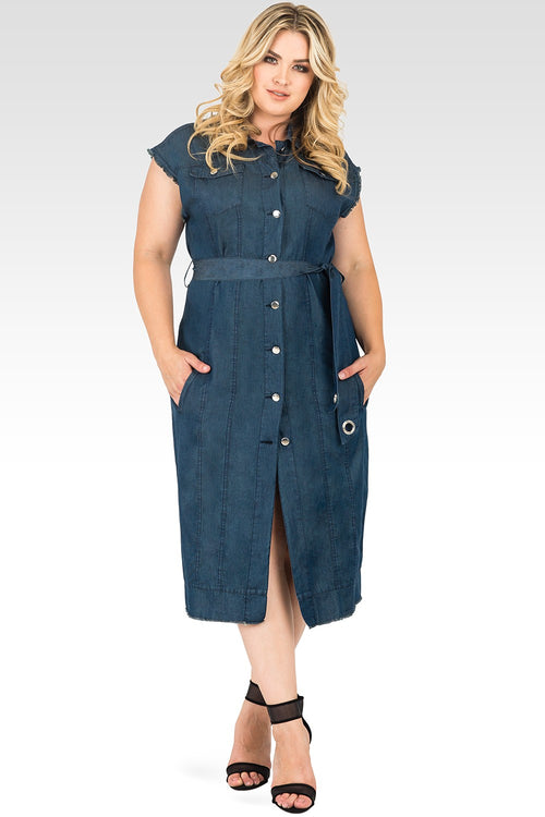 Plus Size Standards & Practices Long Frayed Drop Shoulder Sleeveless Grommet Belt and Released Hem Jacket Dress