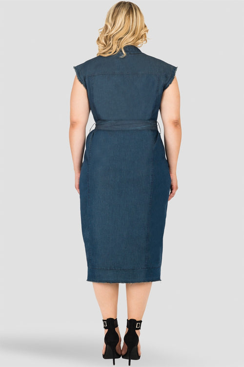 Plus Size Standards & Practices Long Frayed Drop Shoulder Sleeveless Grommet Belt and Released Hem Jacket Dress