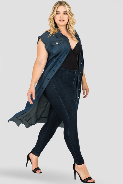 Plus Size Standards & Practices Long Frayed Drop Shoulder Sleeveless Grommet Belt and Released Hem Jacket Dress